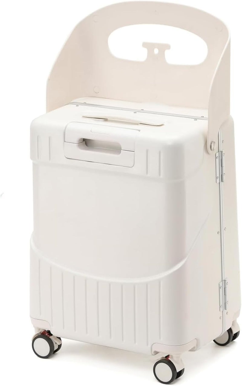 4-Wheel Checked Luggage with Seat for Kids, Travel Suitcase with Adjustable Handle and Hard Shell, Ride-On Suitcase with Child Seat Design for Family Travel, 22 Inch, White