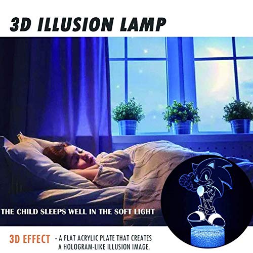 QIKI 3D Illusion Sonic The Hedgehog Night Light, Anime Table Lamp with Remote Control & Smart Touch & Timer,Kids Bedroom Decoration, Birthday for Age 2 3 4 5 6 7+ Year Old Kids Gifts (Sonic)