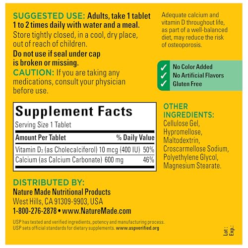 Nature Made Calcium 600 mg with Vitamin D3, Dietary Supplement for Bone Support, 220 Tablets