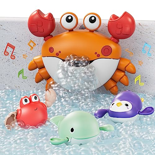 TUMAMA Baby Bath Toy,Musical Bath Bubble Maker Machine,3 Wind-Up Bathtub Toys,Crab Shower Water Toy for Toddlers Kids Boys Grils,4 Pieces