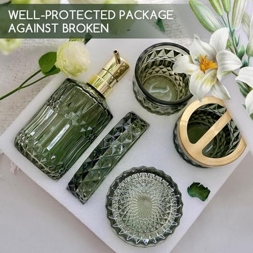 Topsky Green Bathroom Accessory Set, Glass Bathroom Decor Countertop Organizer,5Pcs Bathroom Accessories with Lotion Dispenser(Cylindrical), Soap Dish, Toothbrush Holder, Tumbler, Cotton Swab Jars