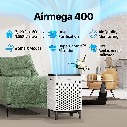 COWAY Air Purifier for Extra Large Home Bedroom 2842ft², Dual Purification, 3-in-1 Filter, GreenHEPA, Air Quality Monitor, Removes 99.99% Pet, Dust, Odours, Allergies, Quiet 22db, Made in Korea, AM400