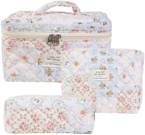 xiaochen 3PCS Makeup Bag Set,Cotton Quilted Makeup Bag,Floral Large Travel Cosmetic Bag,Flower Travel Toiletry Bag, Cute Aesthetic Toiletry Bag for Women Girls