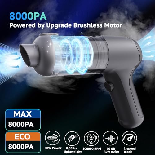 Kaihery Car Vacuum Cleaner, 8000PA Vacuum Vleaner with Strong Suction Power, 2 In 1 Vacuum & Air Duster, USB Charge, Portable Mini Cordless Handheld Vacuum Cleaner for Car, Home, Office, Pet