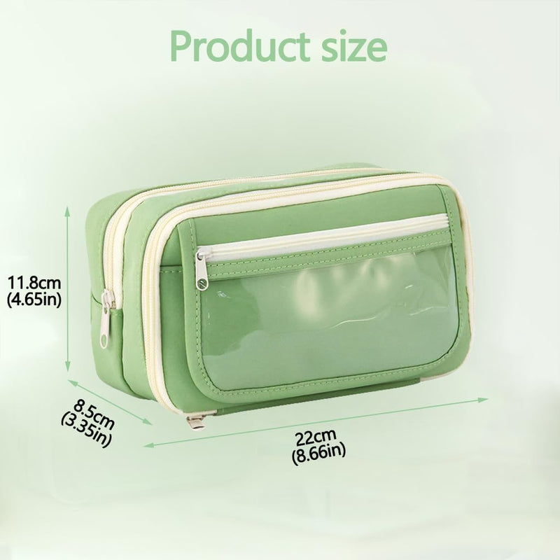 HANNEA Pencil Case, Large Capacity Pencil Pouch, 3 Compartments Pencil Bag with Clear Mesh Pockets, Students Stationery Organizer Pouch for School Office Supplies, Green