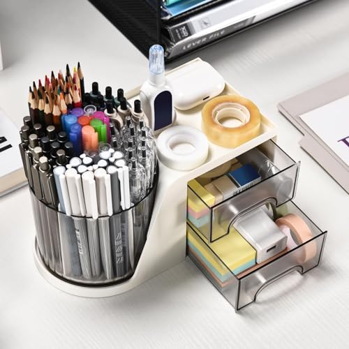 Excefore Modern Chic Desk Organizer with 2 Drawer, 360° Rotating Pencil Pen Holder, 5 Compartments + Drawer for Office Home Art Supplies, White