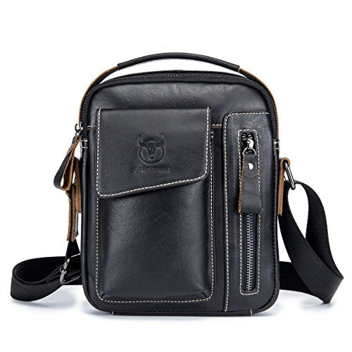 BULLCAPTAIN Men's Small Shoulder Bag, Genuine Leather Bag, Retro lightweight Cross Body Everyday Satchel Bag for Business Casual Sport Hiking Travel, Black, 2T, Traveling
