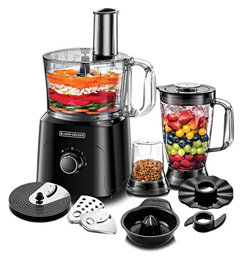 BLACK+DECKER 5-in-1 Food Processor, 750W Power, 2L Processing Bowl, 1.8L Blender Jar with Stainless Steel Blades, 34 Functions for Chopping, Slicing, Shredding, Compact Design, Black - FX775-B5