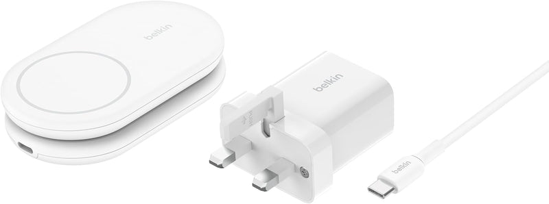 Belkin Fast Charge MagSafe Charger, Magnetic Foldable Wireless Charging Stand 15W, MagSafe-Compatible Portable Fast Charger for Qi2, iPhone 16, 15 & 14 Series, Standy Mode Ready, PSU Included - White - White