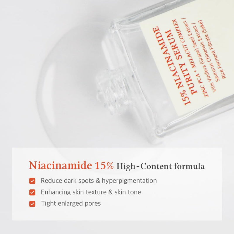 15% Niacinamide Purity Serum - 15% Niacinamide included, Overall skintone and texture improvement, Pore care, Serum control with Zinc. Vegan formula, Korean skincare