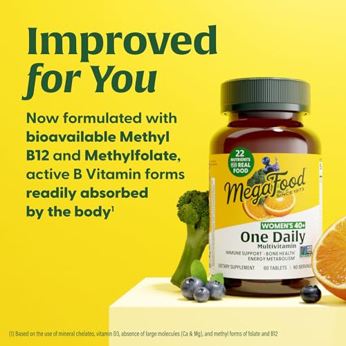 MegaFood Women's 40+ One Daily Multivitamin for Women with Vitamin B12, Vitamin B6, Vitamin C, Vitamin D, Zinc & Iron - Plus Real Food - Immune Support - Bone Health - Non-GMO - Vegetarian - 60 Tabs