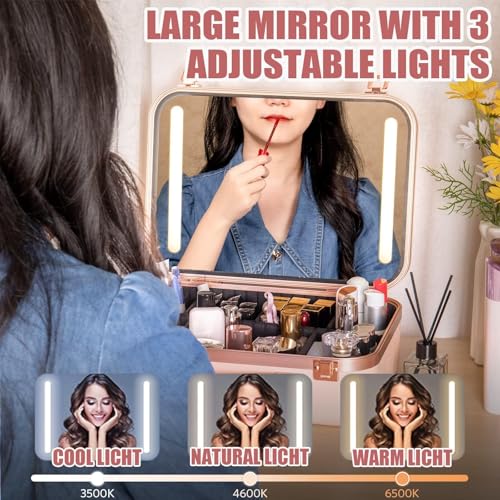 NALACAL Makeup Travel Lighted Case with Large LED Light Mirror Bag Organizer Professional Adjustable Divider Storage Waterproof Portable Makeup Train Box Accessories and Tools Case
