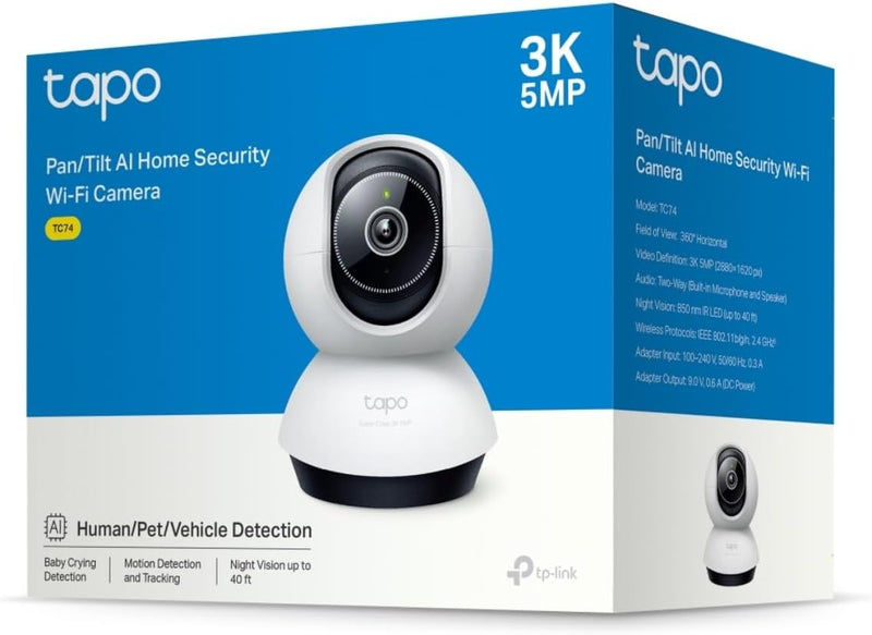 Tapo TC74 3K 5MP Pan/Tilt AI Home Security Wi-Fi Camera, AI Detection-Person, Pet, Vehicle, Baby Crying, Motion Tracking and Detection, Night Vision, Two-Way Audio Sound and Light Alarm