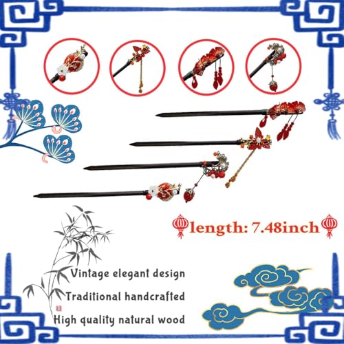EWEIS 4PCS Set of Vintage Hairpins, Chinese Handmade Wooden Hairpins Japanese Red Hairpins Classic Geisha Hair Accessories with Tassels, for Costume Weddings for Women Girls??ength 18cm/7inch