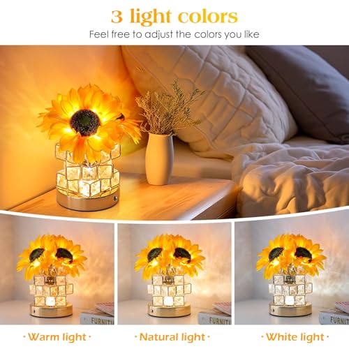 Sunflowers Flower Lamp Touch Lamp, 3-Colour LED Artificial Flowers Small Table Lamp Night Light with Crystal Clear Glass Vase, Rechargeable Cordless Table Lamp,Gift for Valentine Day,Mothers Day