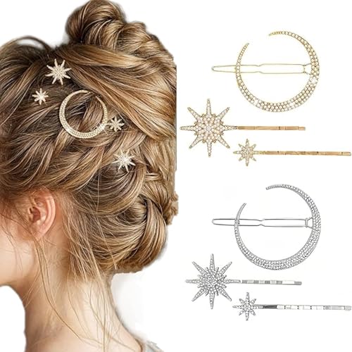 Rhinestone Hair Accessories Set, 6 Pieces Moon and Stars Hair Clips, Alloy Diamond-studded Hair Accessories for Women Girls (Gold+Silver)