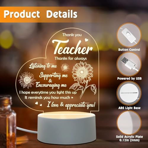 Joyzzz Engraved Night Light, LED Acrylic Night Light for Teacher with Creative Blessing, Low Power USB Teacher Appreciation Gifts with Button Control, Thank You Gifts for Teachers from Student