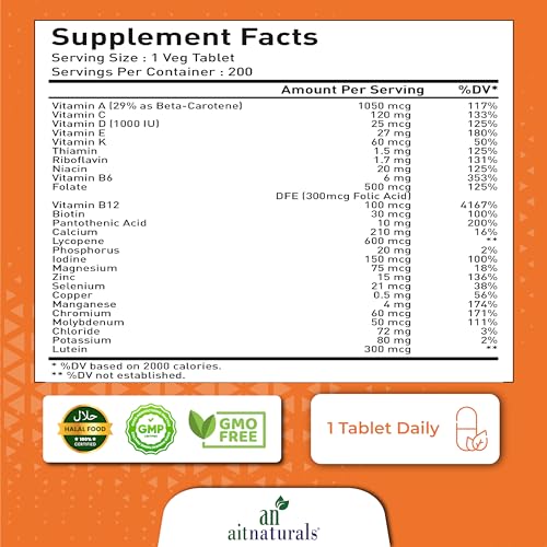 Aitnaturals Men's 50+ Multivitamin (200 Tablets) | Multimineral with Vitamin A, C, D, B6, B12 E, K& Zinc, Magnesium for Older Adults | Supports Memory & Cognition, Heart, Eye, Muscle & Immune Health