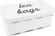 AuldHome Design Farmhouse Tea Bag Box, Vintage Retro Style Enamelware Tea Storage Tin - White