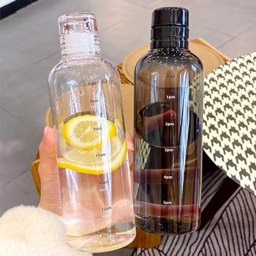 BAVIEN 500/ 750ml Plastic Water Bottle with Time Marker, Large Capacity Leakproof Drink Bottle Transparent Milk Juice Simple Cup for Men Women Gym Outdoors Sports Fitness (750ML, Black)