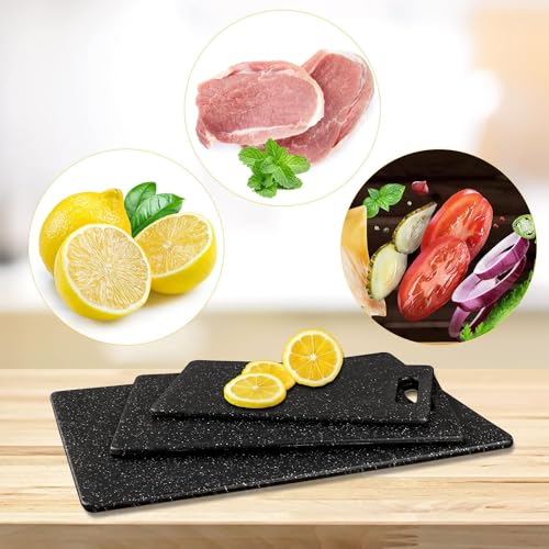 Aputue Kitchen Cutting Board, No BPA Cutting Board, 3 pcs Black Non Slip PP Marble Material Chopping Boards Sets, Non-Slip Durable Safe Cutting Boards with Grinding Area, Dishwasher Safe