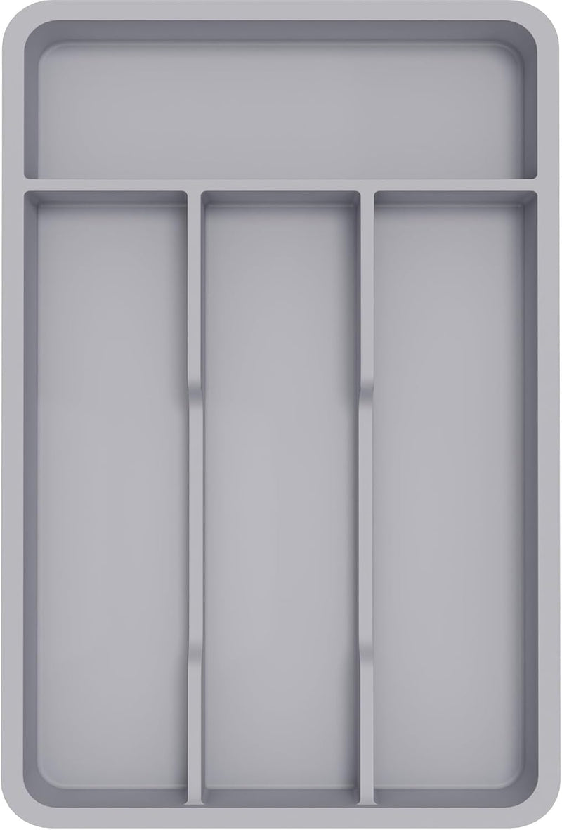 Silverware Drawer Organizer Tray, Plastic Cutlery Storage for Kitchen, Flatware and Utensil Holder Divider for Spoons Forks Knives Tableware, 9.1 x 12.6", 5 Slots, Black - Gray 7.8 x 12.4 inch (4 Slots)
