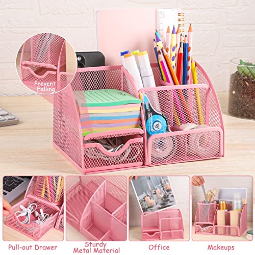 9 in 1 Pink Desk Organizers and Accessories Set, Pink Gifts Mesh Desk Organizer with Pink Stapler Pen Holder 1000 Staples Scissors Ruler Staple Remover Office Supplies Set Office Gift for Coworkers