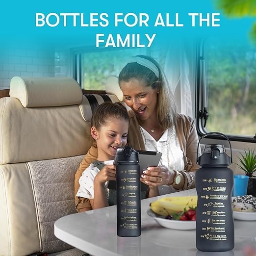 3 Pack Sport Healthy Water Bottle 2L+900ml+500ml Motivational Time Marker,Straw,Phone Holder, Plastic, Adults Kids Fitness Office Gym Home Outdoor School Exercise Protein shake Leak Proof (Black)