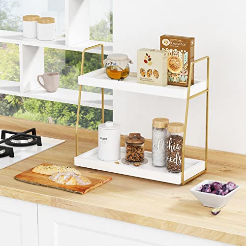 Forbena Bathroom Organizer Countertop, Counter Organizer for Bathroom Decor, Wooden Sink Shelf for Vanity Storage, Makeup Tray for Perfume Skincare Bedroom Kitchen Corner (2 Tier, White and Gold)