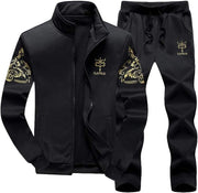 Men's Casual Tracksuit Full Zip Running Jogging Athletic Sports Jacket and Pants Set - Black