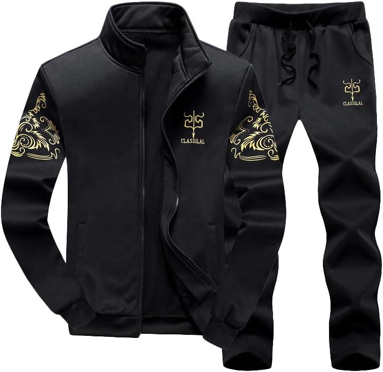 Men's Casual Tracksuit Full Zip Running Jogging Athletic Sports Jacket and Pants Set - Black