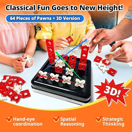 KALEDE® 3D Tic Tac Toe Game, 4 in a Row Noughts and Crosses Game, Classic Portable Xo Chess Board Games, 2 Player Interactive Holiday Travel Family Games, Fidgets Toy for Kids & Adults