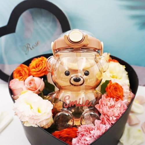 Bear Water Bottles, Kawaii Cute bears Water bottle Bear Cup with Straw, Cute Charms and Strap for School Gifts portable plastic large capacity water bottle