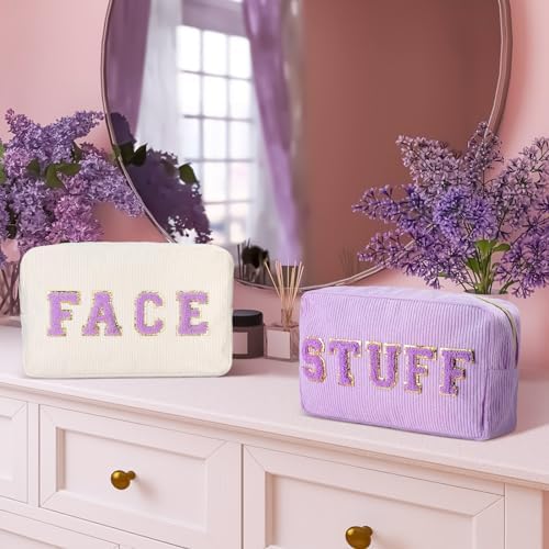 Pinkunn 4 Pcs Preppy Makeup Bags Christmas Chenille Letter Bag Face Skin Hair Stuff Cosmetic Bag Corduroy Makeup Pouch with Zipper Birthday Gifts for Women(Purple, Pink, White, Blue,Corduroy)