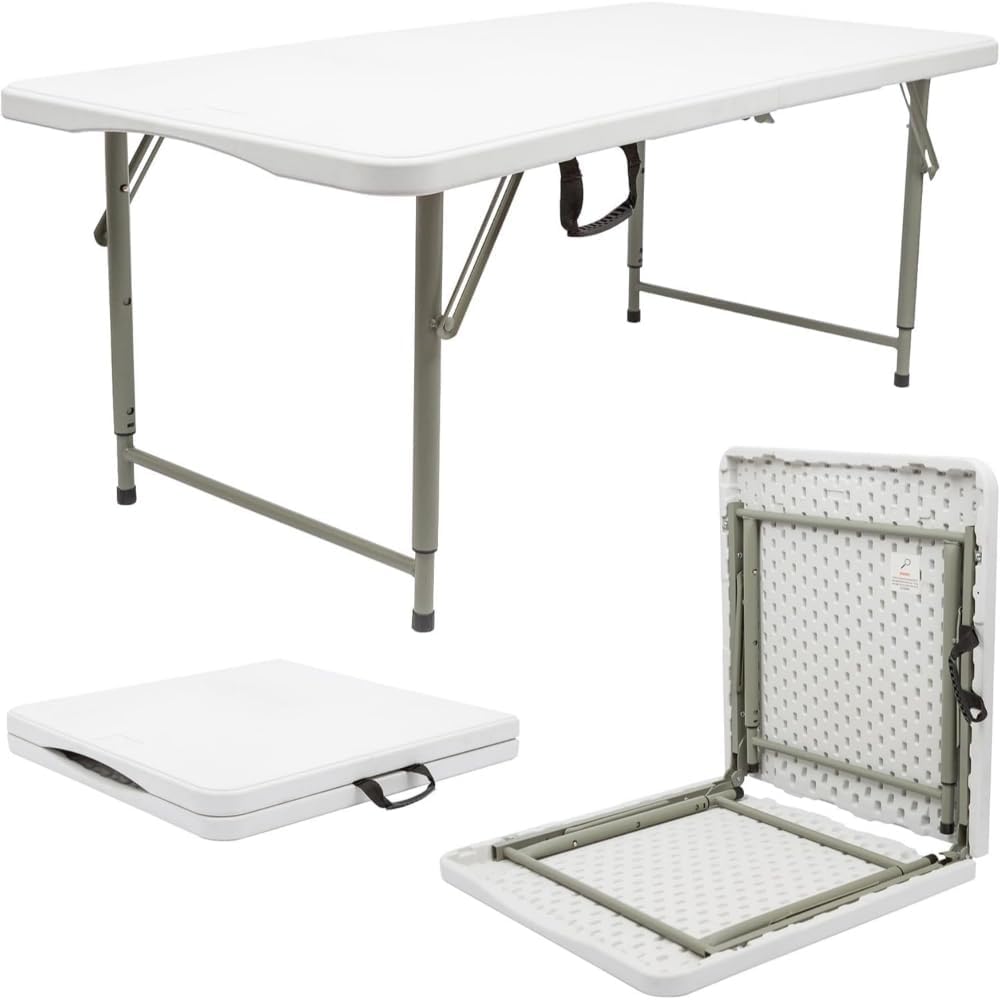 SKY-TOUCH Folding Lightweight Trestle Outdoor Camping Table, Heavy Duty Plastic Outdoor Picnic Table, Folds in Half with Carry Handle, White (120x60x75cm)