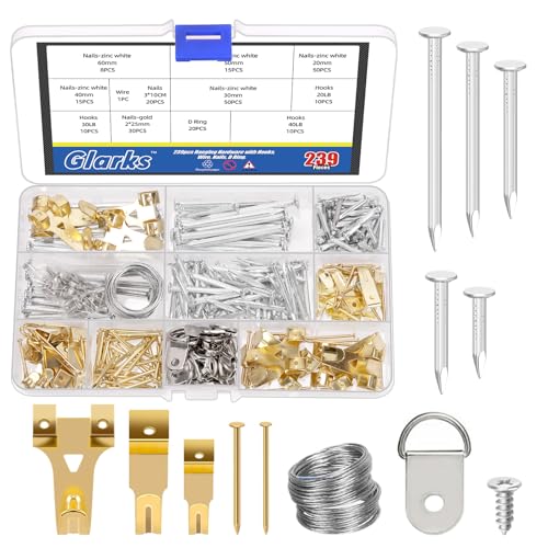 Glarks 279pcs Picture Hanging Kit, Hanging Hardware with Hooks, Wire, Nails, D Ring, Wall Hanging Kit, Heavy Duty Picture Hanger Frame Hook Hardware, Heavy Duty Frame Hanging Hardware for Hanging