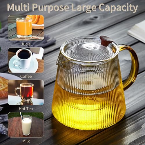 Glass Teapot Stovetop 800ML with Vertical Stripes, Borosilicate Clear Tea Kettle with Removable Filter Liner,Blooming and Loose Leaf Tea Maker Tea Brewer