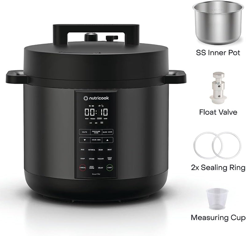 Nutricook Smart Pot Eko, 1000 Watts - 9 In 1 Instant Programmable Electric Pressure Cooker, 6 Liters, 14 Smart Programs, Brushed Stainless Steel/Black, 2 Years Warranty, Silver/Black