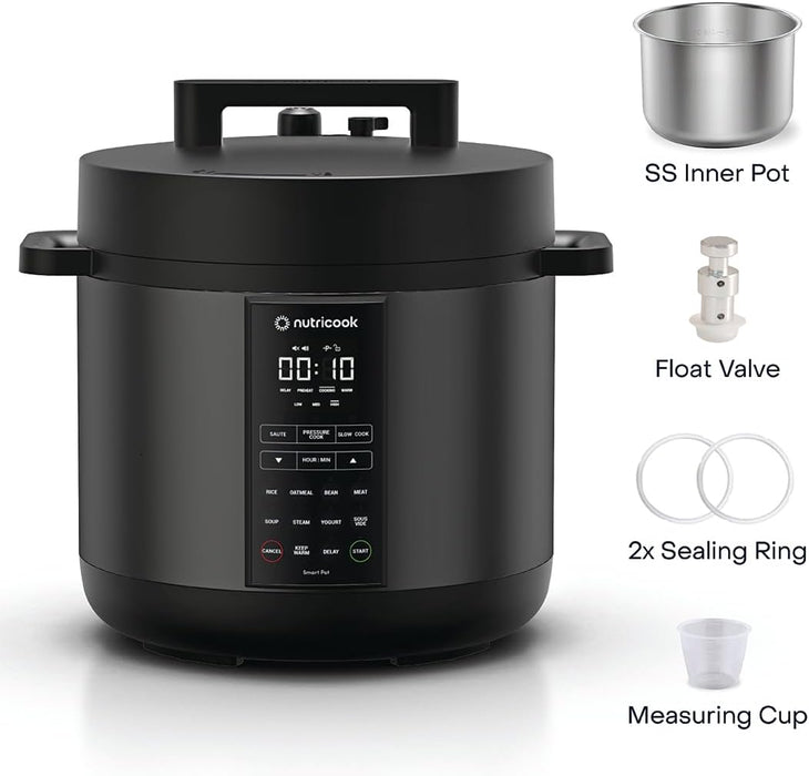 Nutricook Smart Pot Eko, 1000 Watts - 9 In 1 Instant Programmable Electric Pressure Cooker, 6 Liters, 14 Smart Programs, Brushed Stainless Steel/Black, 2 Years Warranty, Silver/Black
