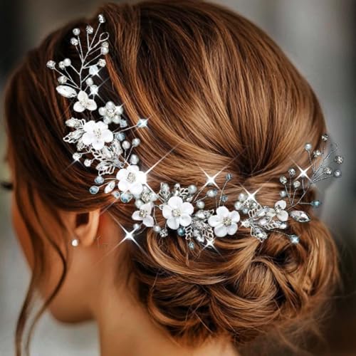 Vakkery Flower Wedding Hair Vine Silver Bride Headband Crystal Bridal Hair Accessories for Women and Girls
