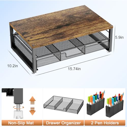 gianotter Monitor Stand Riser, Desk Organizer with Drawer and Pen Holder, 2-Tier Computer Stand, Office Desk Accessories, Office Organization (Wood)