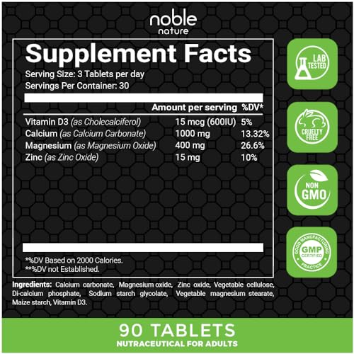 Noble Nature Calcium Magnesium Zinc with Vitamin D3 - Essential Mineral Supplement, 90 Tablets - Promotes Bone Health and Immune Support