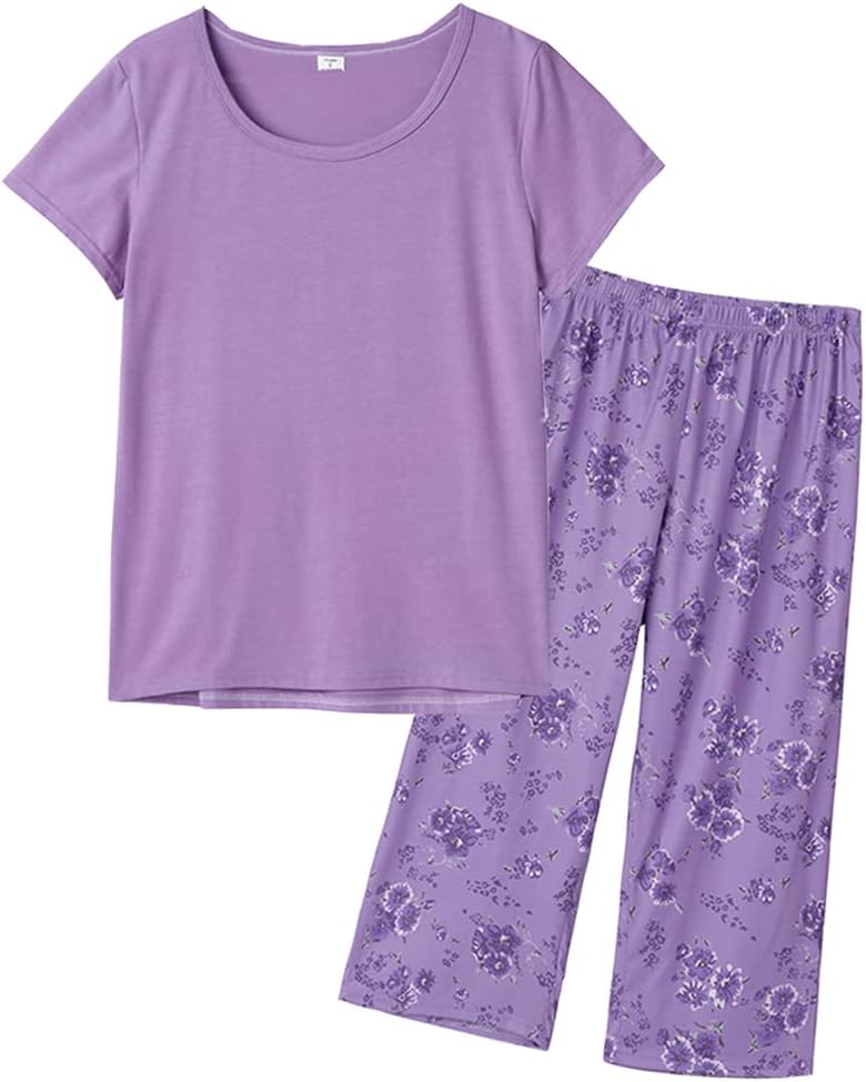 Women's Short Sleeve Tops and Capri Pants Cute Cartoon Print Pajama Sets - Purple Flower