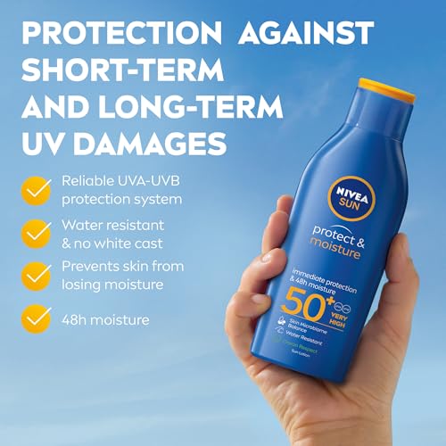 NIVEA SUN Lotion, Protect & Moisture, SPF 50+, Very High and Immediate UVA & UVB Protection, 48H Moisture, Water Resistant, Skin Microbiome Balance, 200ml