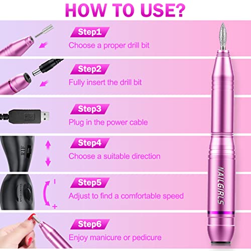 NAILGIRLS Electric Nail File, Portable Nail Drill USB 25000RPM Professional Nail Drill Machine for Acrylic Gel Nails Efile E File Manicure Pedicure Polishing Shape Tools for Home Salon Use (Pink)
