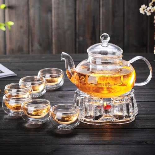 VAODO Glass Teapot Set, 8 Piece Glass Tea Set, 1 Teapot 600ml, 1 Heart Shape Candle Holder and 6 Cups 50ml with Removable Infuser, Tea Gift Sets