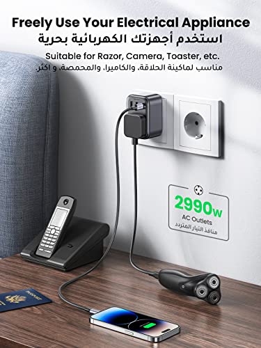UGREEN 4-in-1 Travel Charger Adapter 30W Accepts Devices with UAE/KSA/UK Plugs for Use in Type C Sockets in European Plug Travel Converter Charger with 3 USB Ports, Type G 3 Pin to Euro C Plug