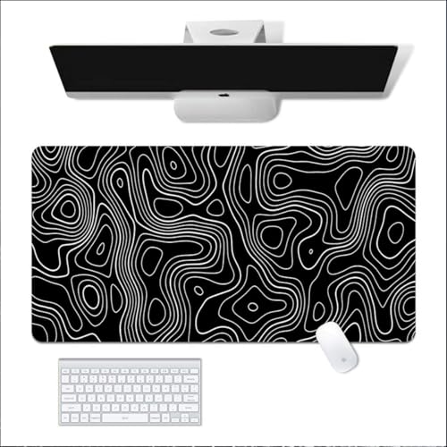 ECVV Gaming Mouse Pad XL - 80x30cm Large Mouse Mat with Anti-Slip Rubber Base for Keyboard and Mouse, for Home and Office�?Black with White Topographic Line�?