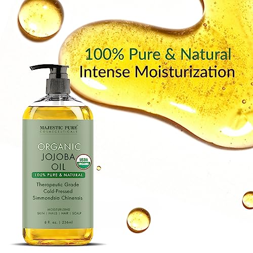 Majestic Pure Organic Jojoba Oil - Large 236 ML | 100% Pure and Natural, Cold-Pressed | Moisturizing for Skin Care, Massage, Hair Care, and to Dilute Essential Oils