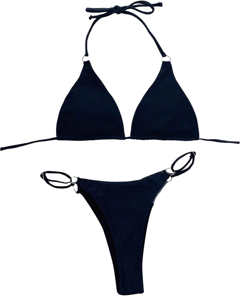GORGLITTER Women's 2 Piece Ring Linked Tie Back Swimwear Halter Triangle Bikini Swimsuit